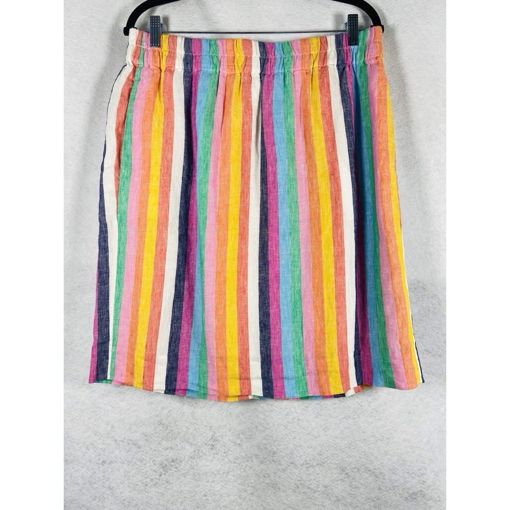 J Crew Skirt Womens Large Green‎ Pink Rainbow Striped Lined Pull On 100% Linen